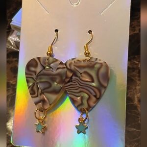 Gold-Tone Brown Swirl Guitar Pick Dangle Earrings with Star Charms - Unbranded